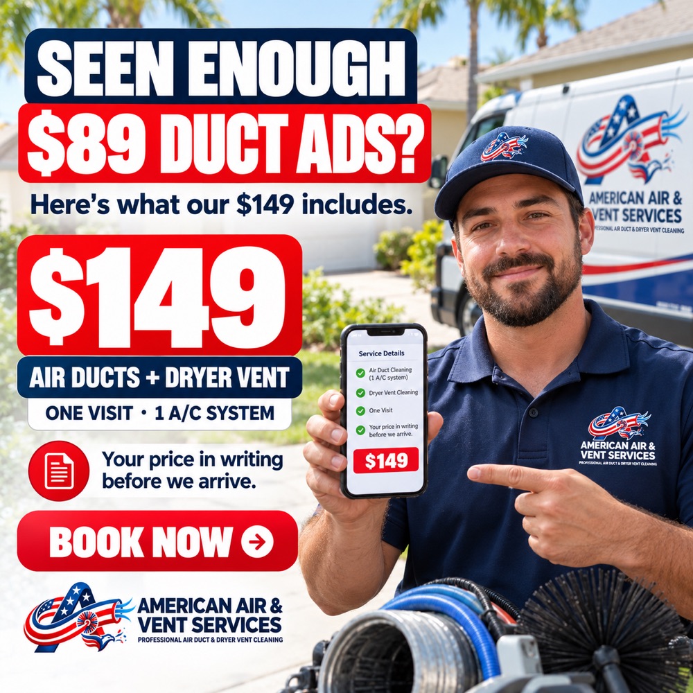 American Air & Vent Services technician showing the $149 service details